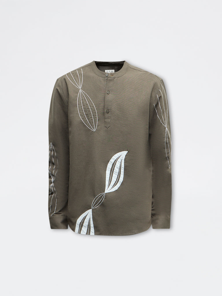 ETA Olive Embroidered Relaxed-Fit Cotton Shirt