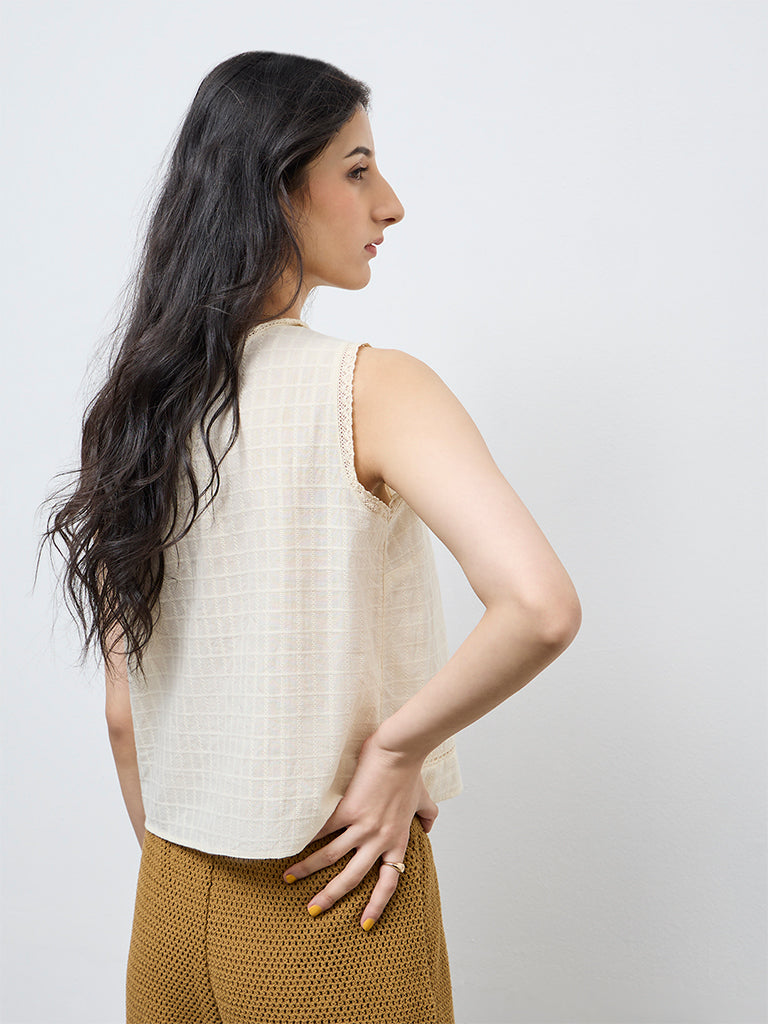 Bombay Paisley Off-White Floral Embroidered Cotton Top