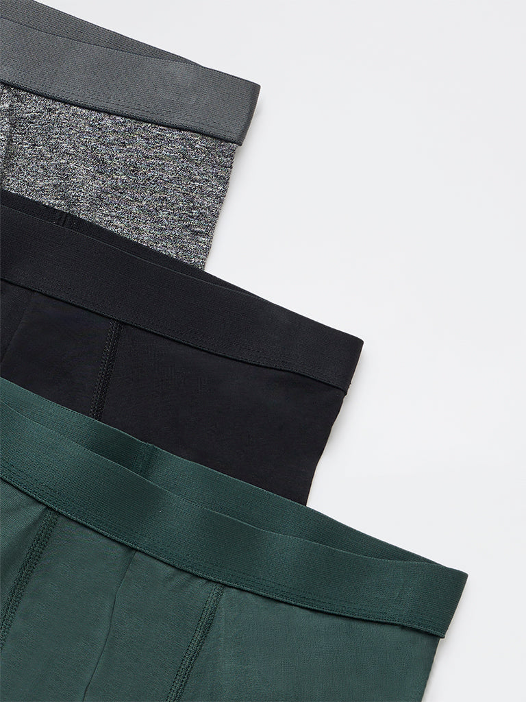 WES Lounge Dark Olive Solid Cotton-Blend Trunks - Pack of 3