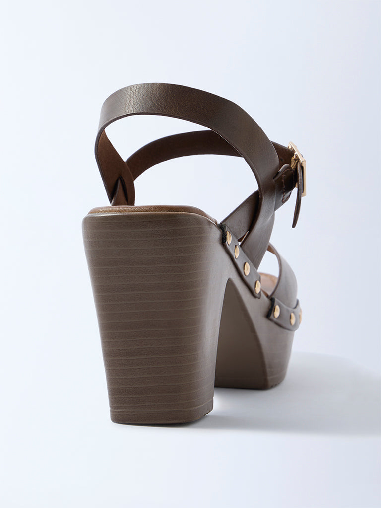 LUNA BLU Brown Stud-Detailed Block-Heel Sandals