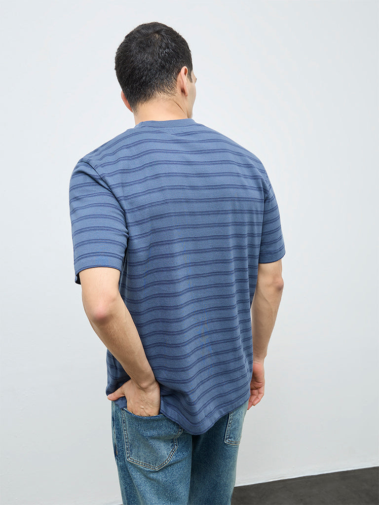 WES Casuals Blue Striped Relaxed-Fit Cotton T-Shirt