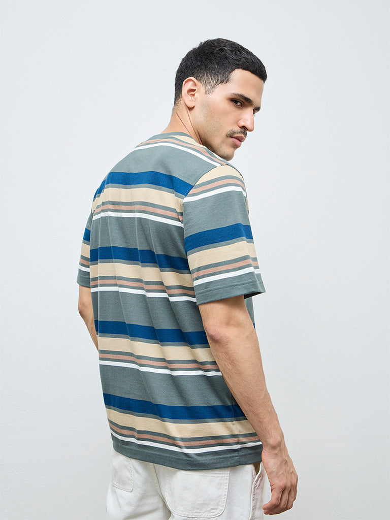 WES Casuals Sage Striped Relaxed-Fit Cotton T-Shirt