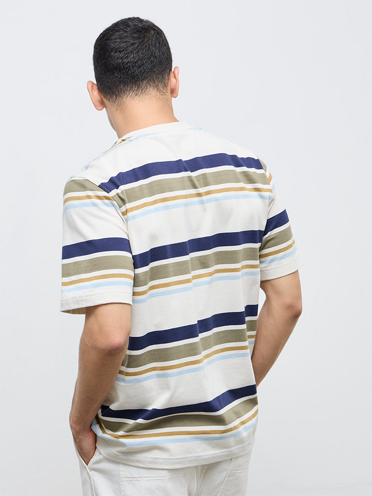 WES Casuals Beige Striped Relaxed Fit Cotton T-Shirt