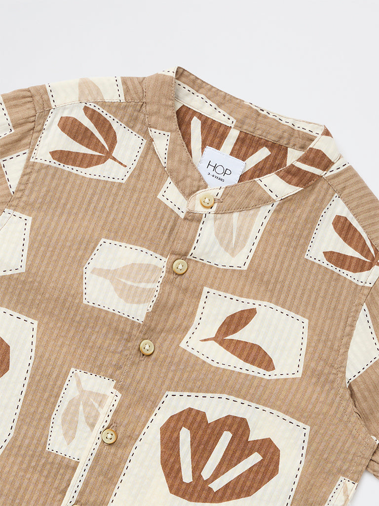 HOP Kids Boys Taupe Printed Cotton Shirt