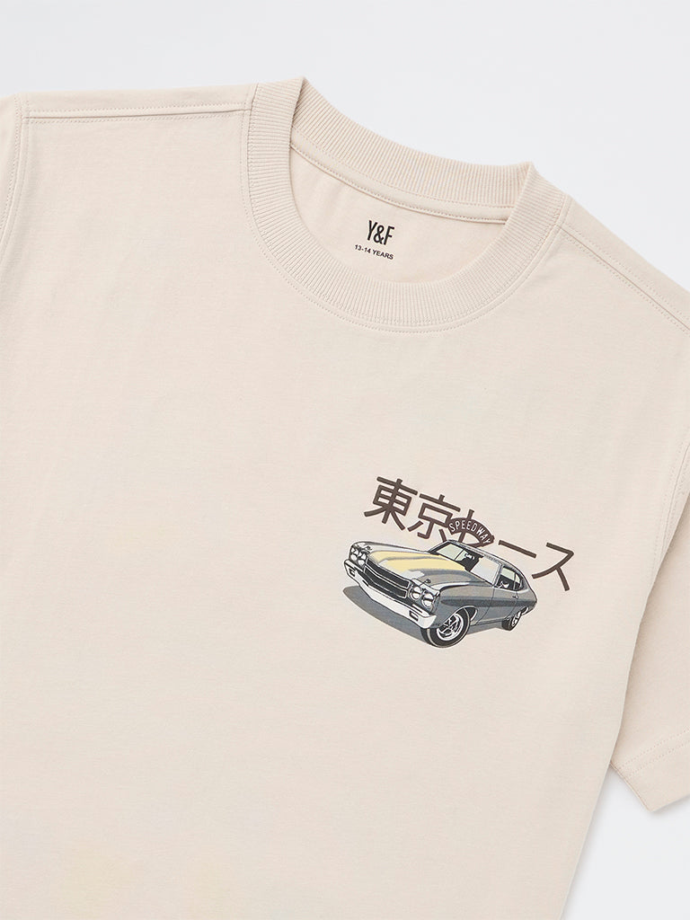 Boys Beige Printed Cotton T-Shirt