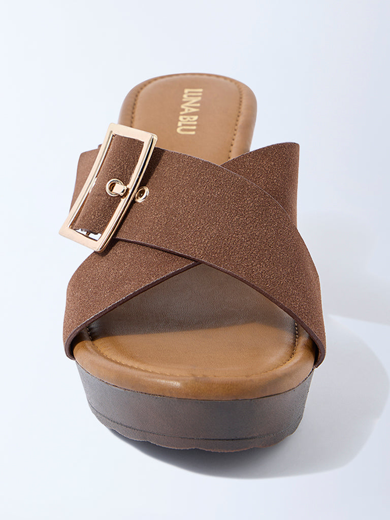 LUNA BLU Brown Criss-Cross Block Heel Sandals