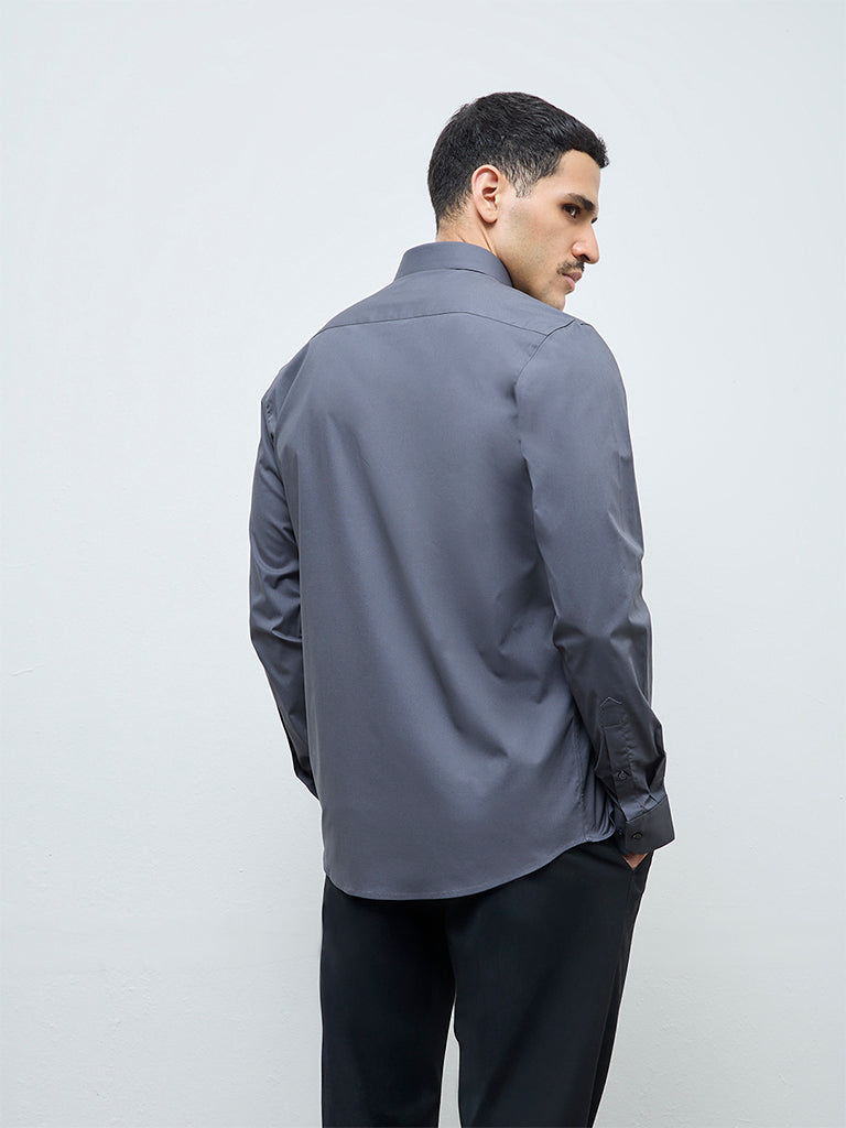 WES Formals Dark Grey Solid Ultra Slim-Fit Cotton-Blend Shirt