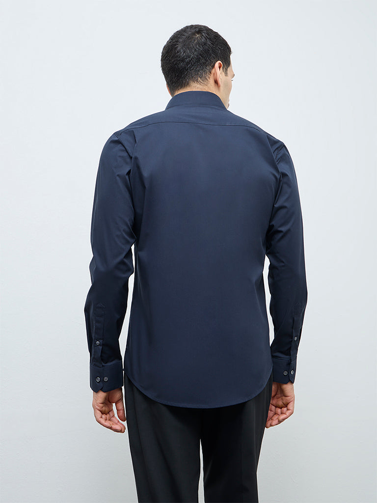 WES Formals Navy Solid Slim-Fit Cotton Shirt