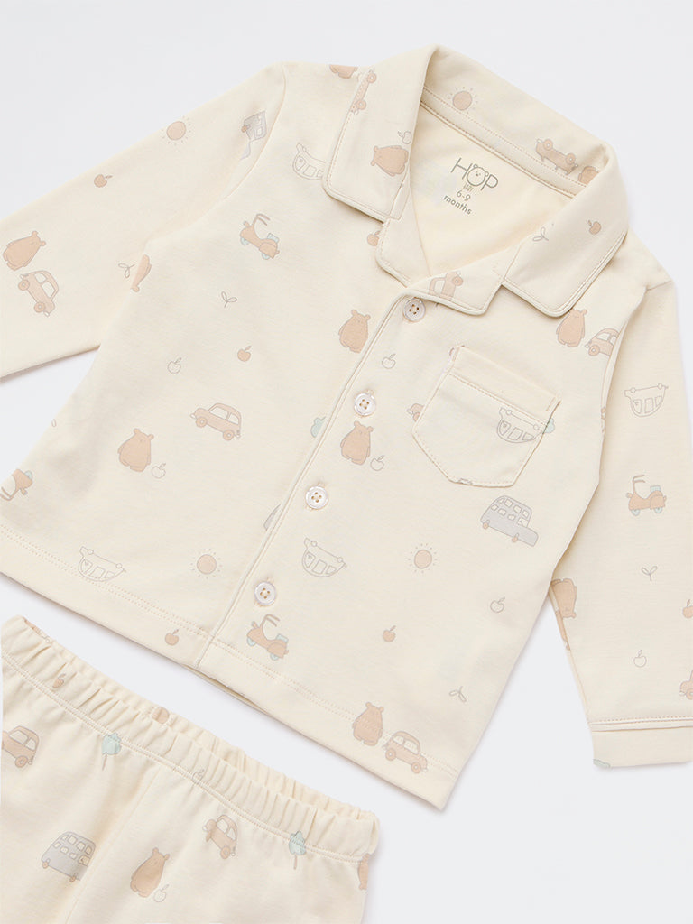 HOP Baby Boys Beige Printed SUPIMA Cotton Shirt and Pants Set