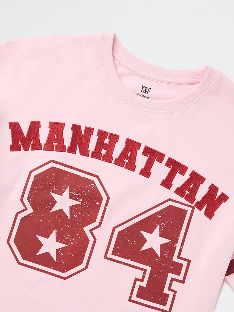 Girls Pink Printed Cotton T-Shirt