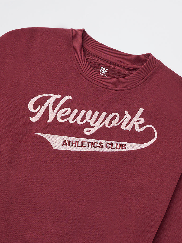 Girls Burgundy Typographic Cotton-Blend Sweatshirt