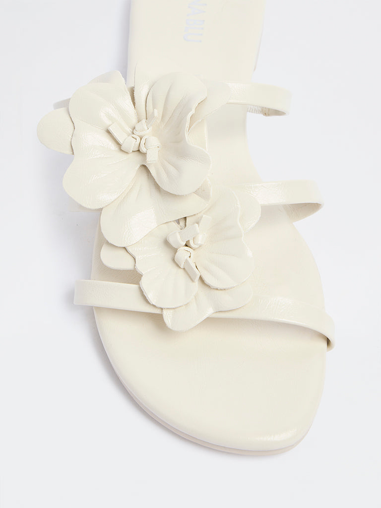 LUNA BLU Ivory Floral Detailed Multi-Strap Slides