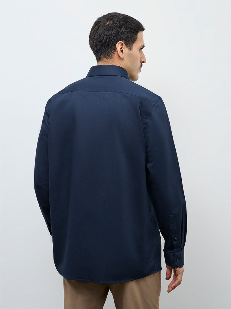 WES Formals Navy Solid Relaxed-Fit Cotton Shirt