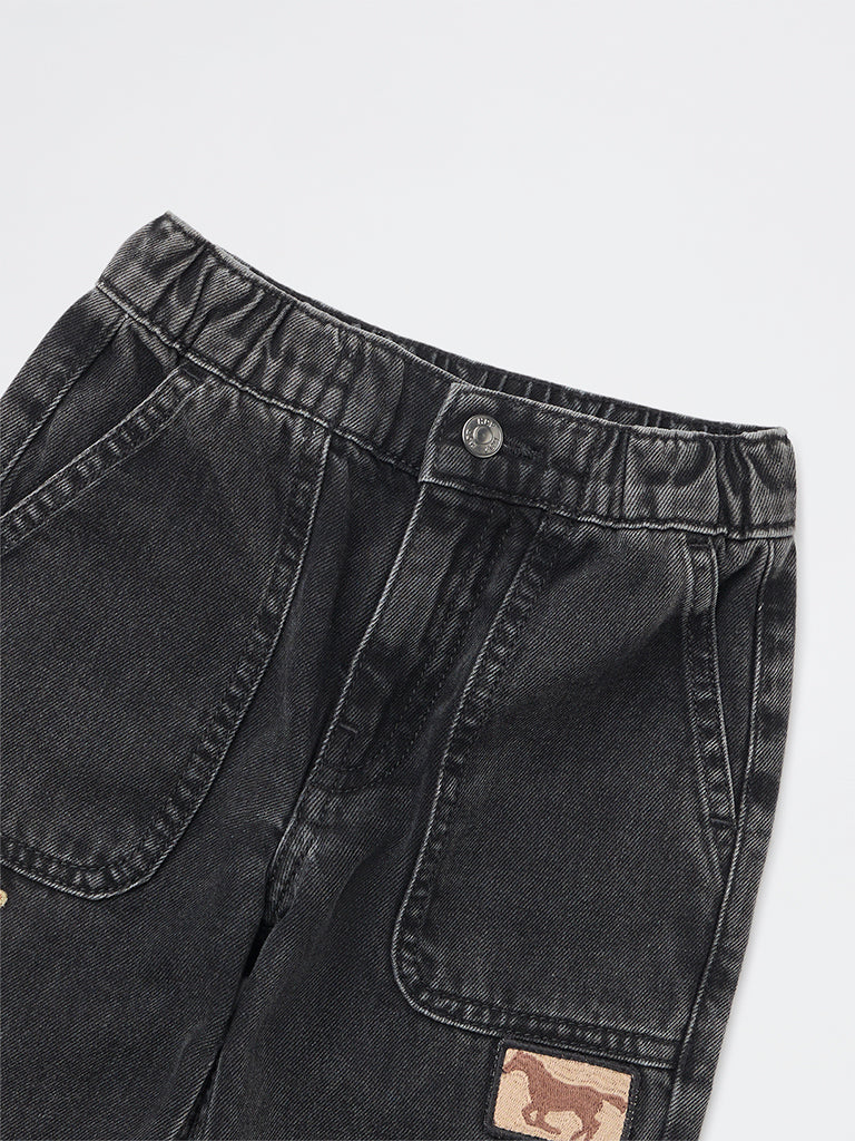 HOP Kids Boys Charcoal Embroidered Mid-Rise Jeans