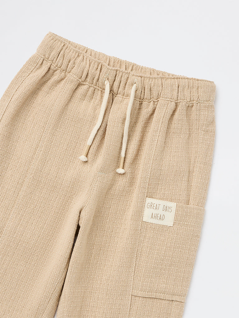 HOP Kids Boys Beige Textured Mid-Rise Cotton Pants