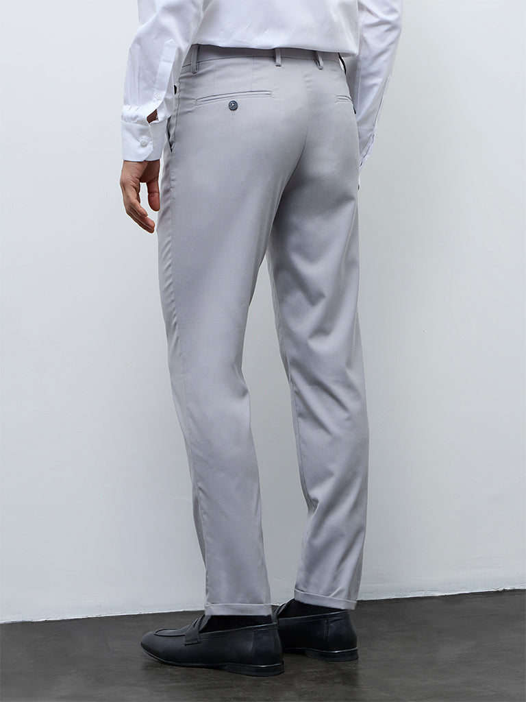 WES Formals Grey Slim-Fit Mid-Rise Trousers