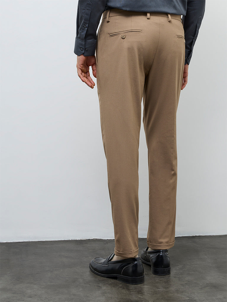 WES Formals Khaki Slim-Fit Mid-Rise Trousers