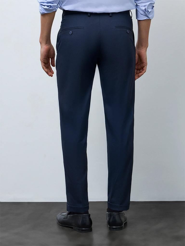 WES Formals Navy Slim-Fit Mid-Rise Trousers
