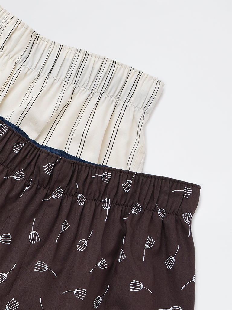 WES Lounge Brown Relaxed-Fit Cotton Boxers - Pack of 2