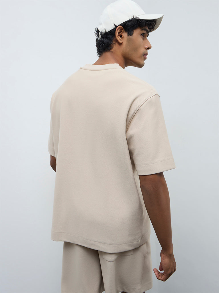 Nuoflexx Beige Ribbed Relaxed-Fit Cotton-Blend T-Shirt