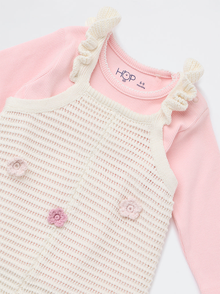 HOP Baby Girls Off-White Crochet Knit Cotton T-Shirt and Dungaree Set