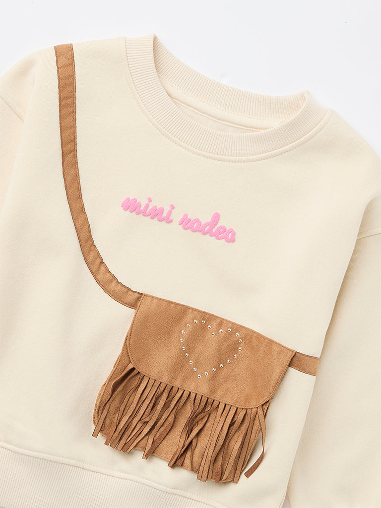 HOP Kids Girls Beige Embroidered Cotton-Blend Sweatshirt