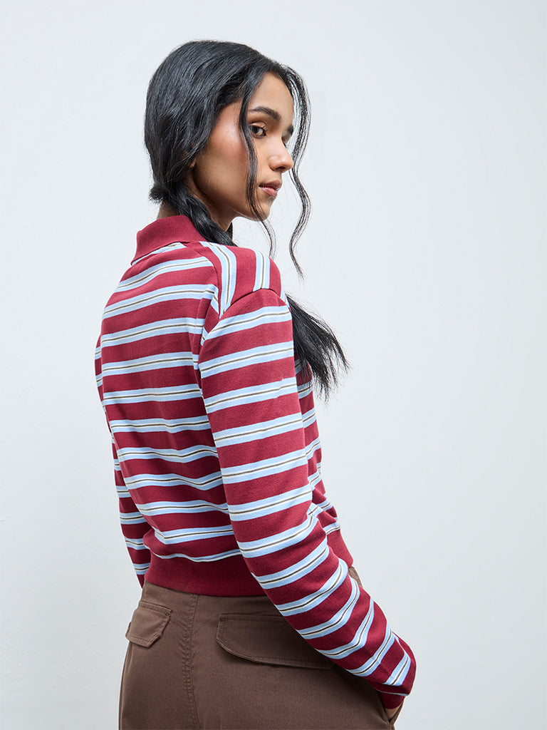 Nuon Maroon Striped Cotton T-Shirt