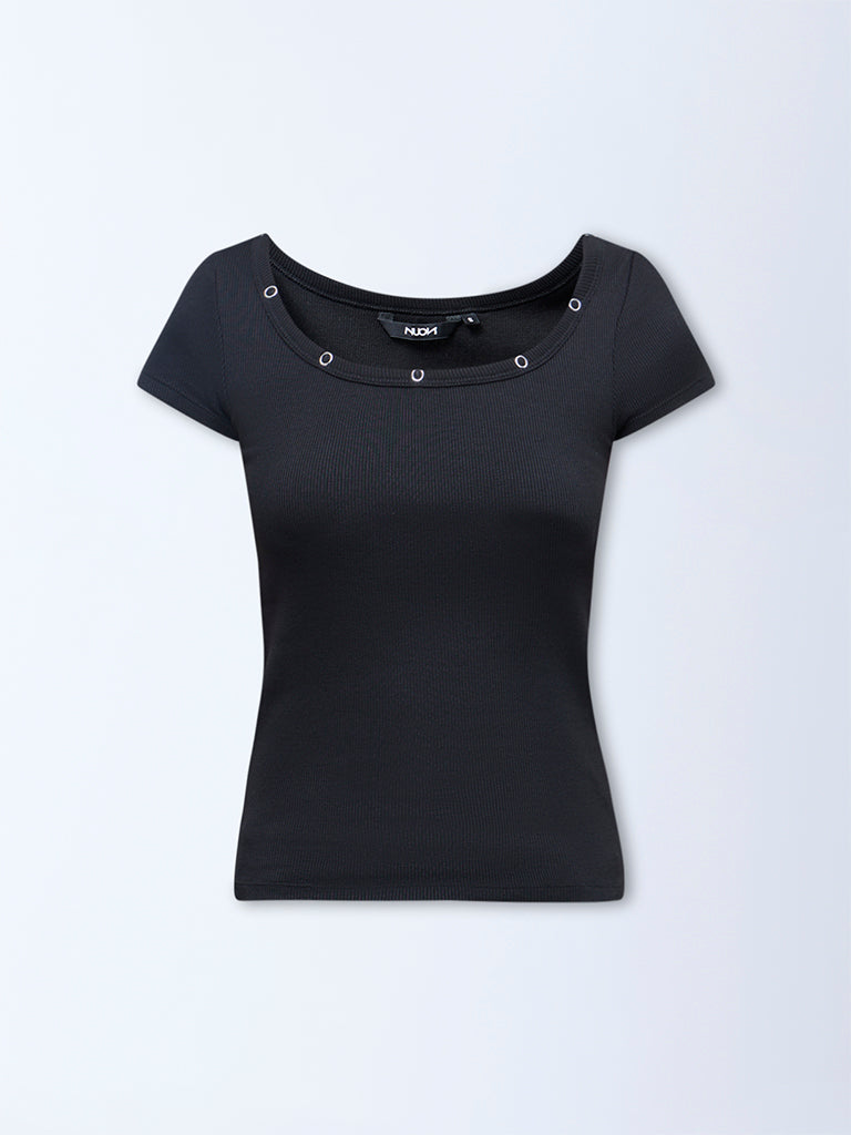 Nuon Black Textured Cotton-Blend T-Shirt