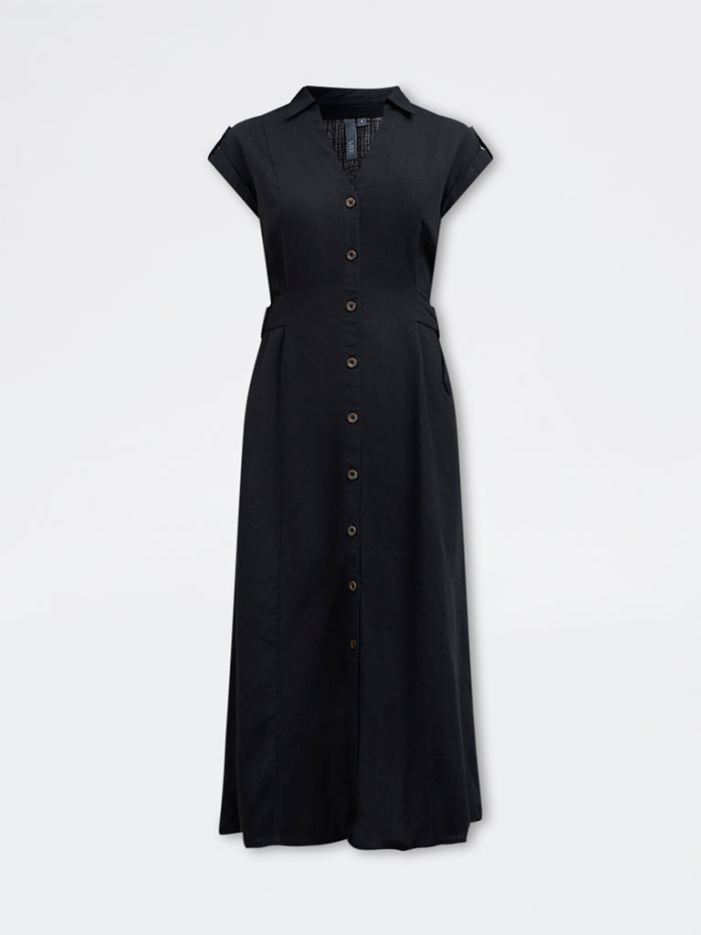 LOV Black Solid Linen-Blend Shirt Dress