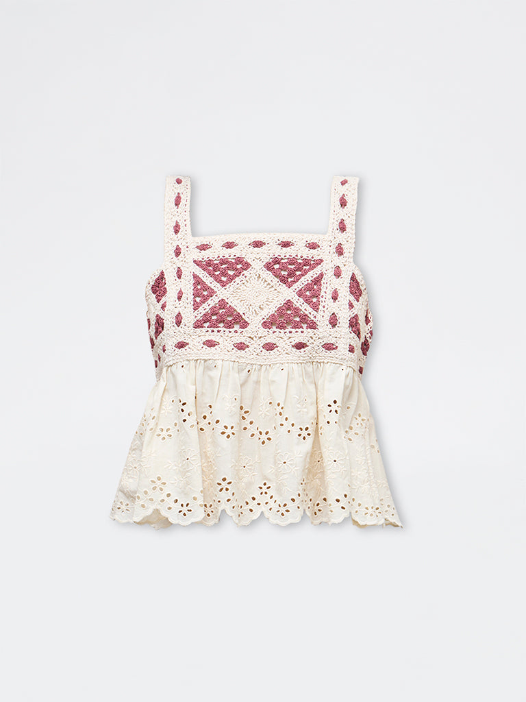 Bombay Paisley Off-White Crochet Knit Cotton Top