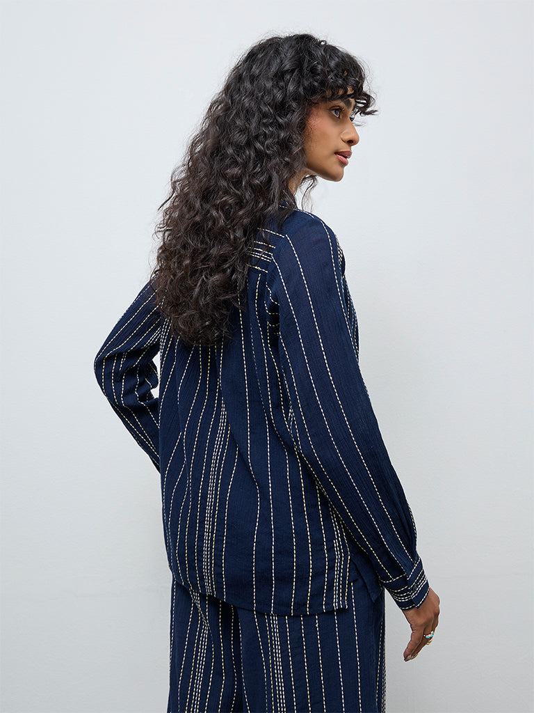 LOV Navy Striped Embroidered Cotton Shirt