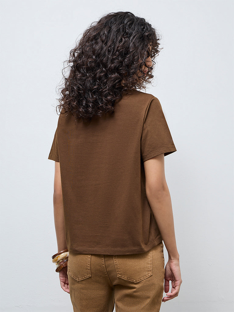 LOV Dark Brown Solid Cotton T-Shirt