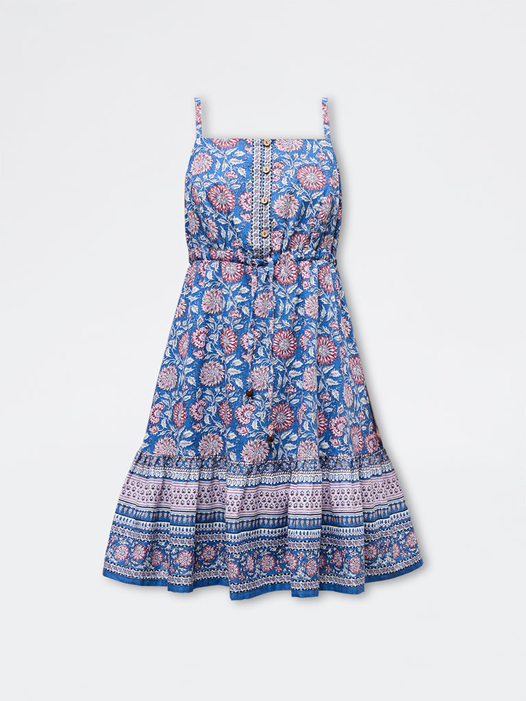 Bombay Paisley Blue Floral Cotton A-Line Dress