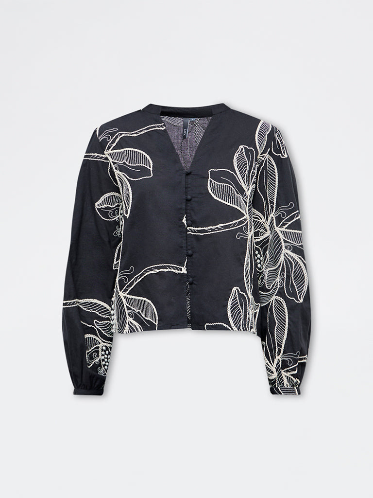 LOV Black Foliage Embroidered Cotton Blouse