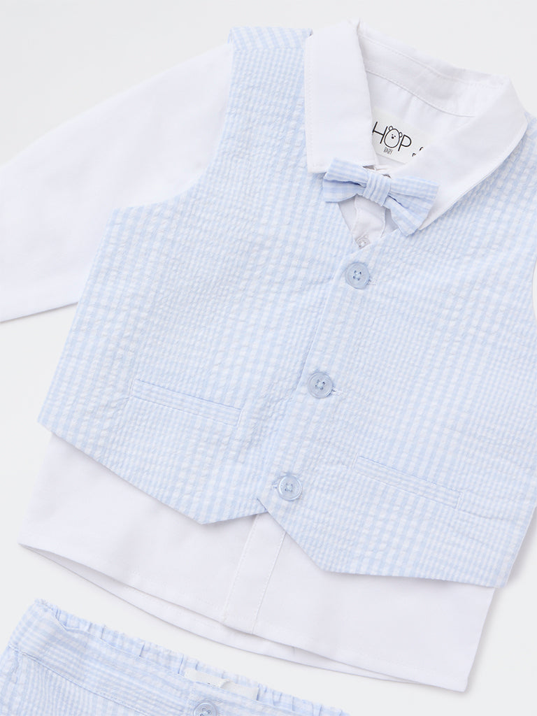 HOP Baby Boys Blue Textured Waistcoat, Shirt, Pants and Bow Set