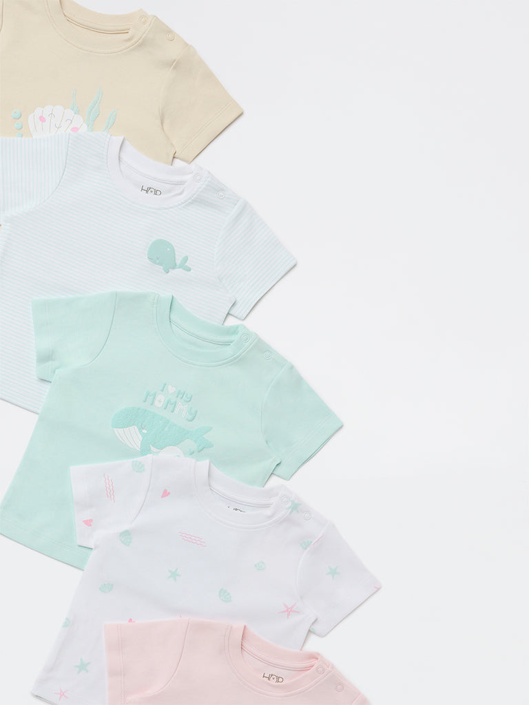 HOP Baby Girls Multicolour Printed Cotton T-Shirts - Pack of 5