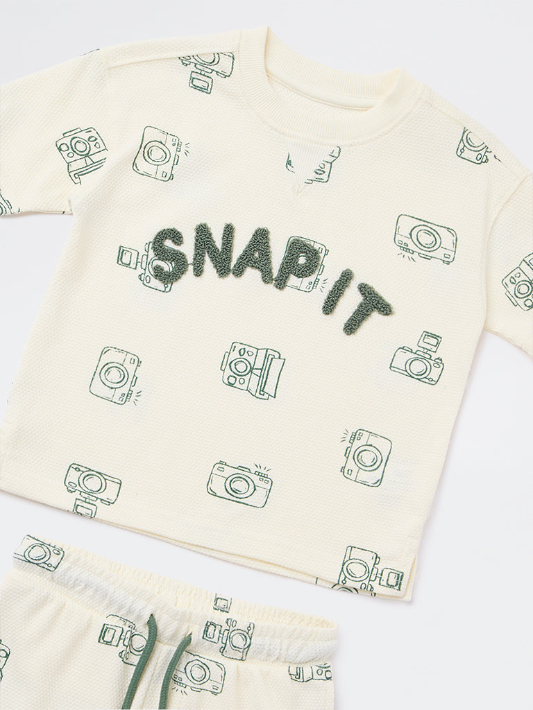 HOP Kids Boys Cream Printed Cotton Co-ord Set