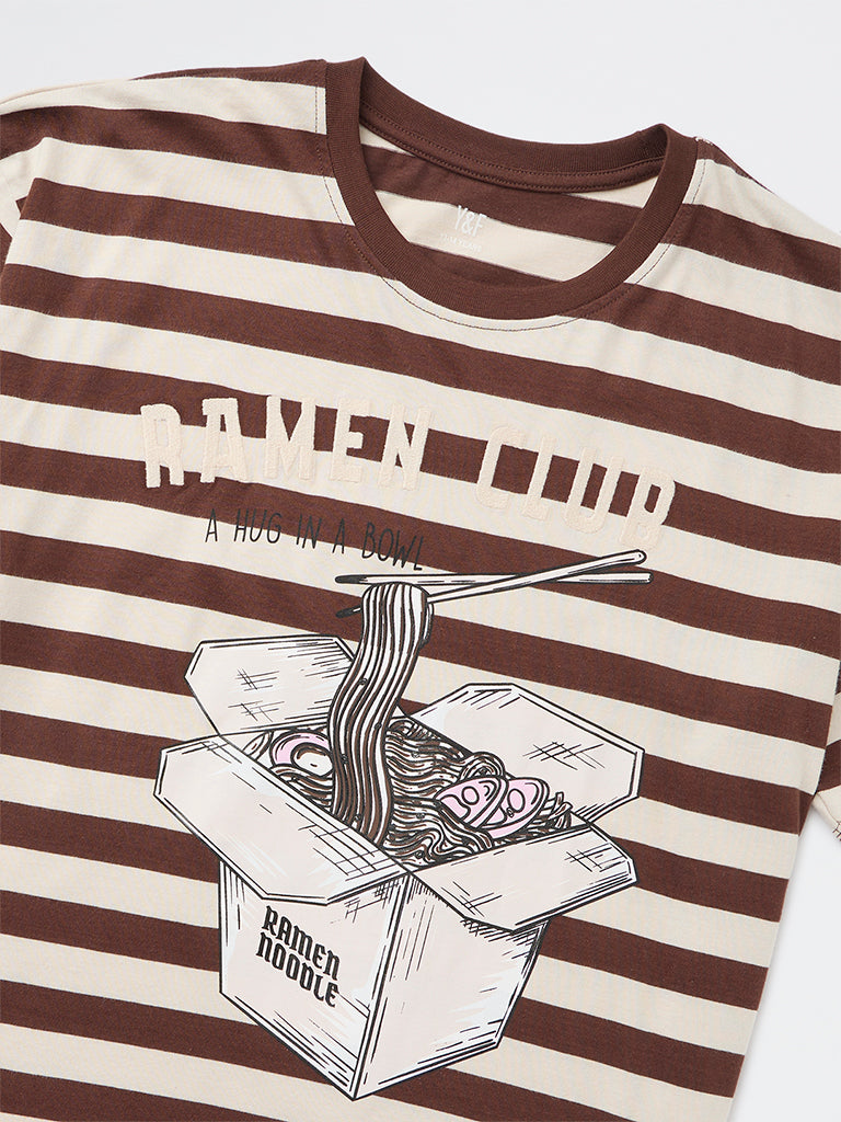 Girls Dark Brown Striped Cotton T-Shirt