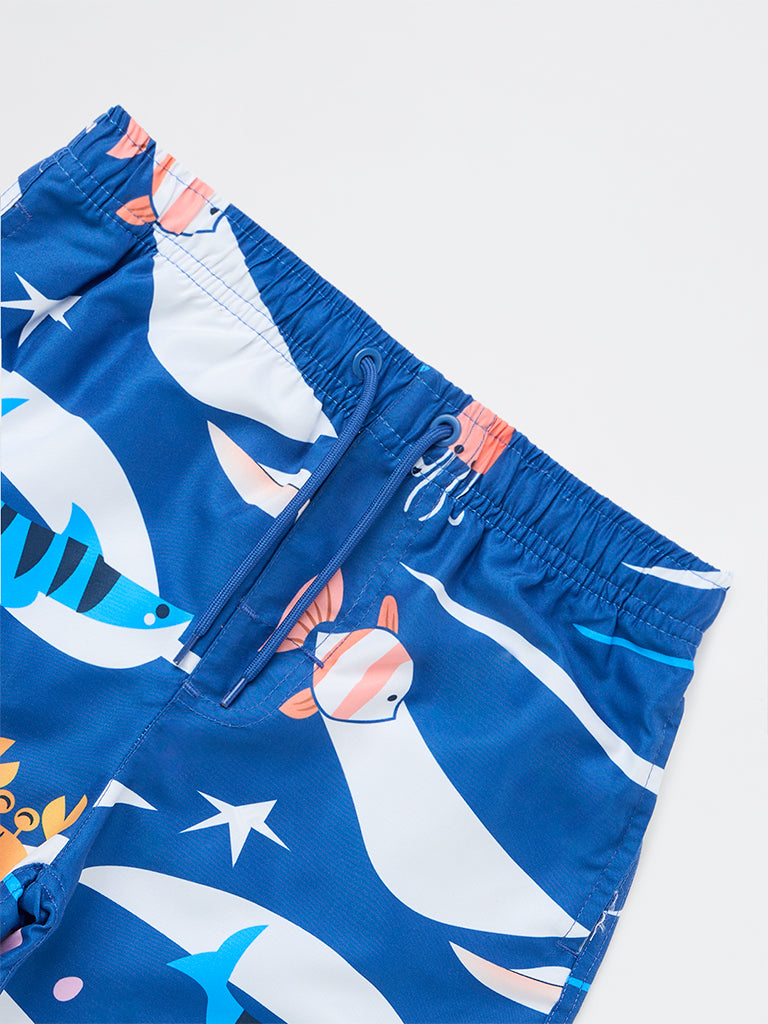 HOP Kids Boys Blue Printed Mid-Rise Swim Shorts