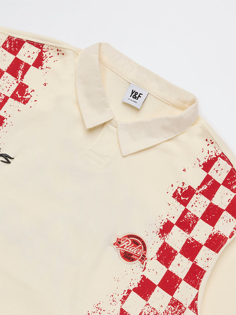 Boys Cream Printed Cotton T-Shirt