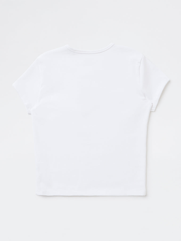 Girls White Embellished Cotton-Blend T-Shirt