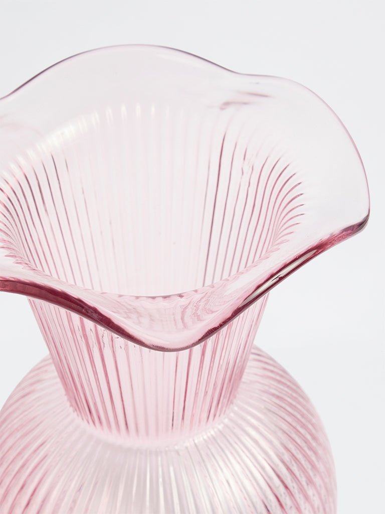 Westside Home Pink Frilled Ribbed-Textured Glass Vase