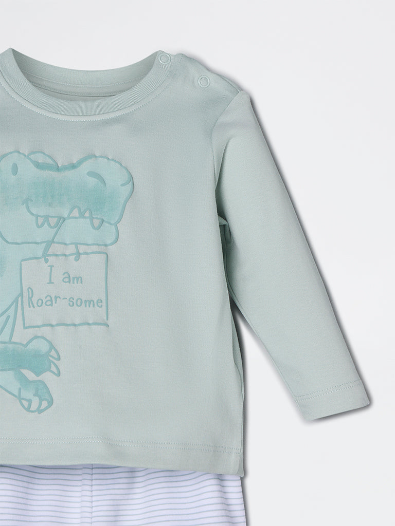 HOP Baby Boys Sage Dinosaur Pattern Cotton Co-ord Set - Exclusive