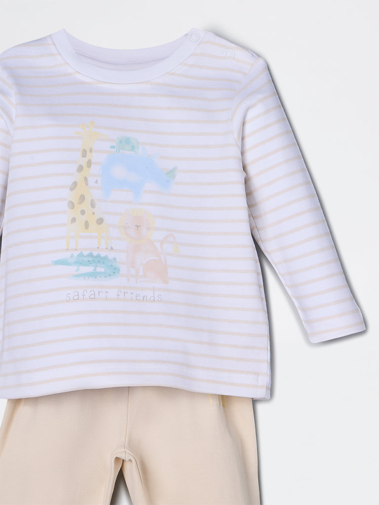 HOP Baby Boys Beige Animal Design Cotton T-Shirt and Pants Set - Exclusive