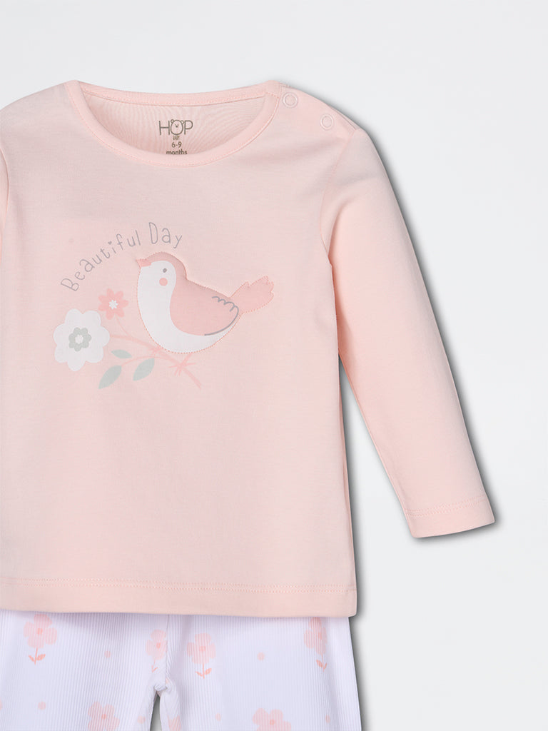 HOP Baby Girls Coral Printed Cotton-Blend T-Shirt and Pants Set - Exclusive