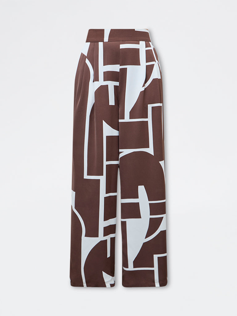 Wardrobe Brown Abstract Design High-Rise Pants