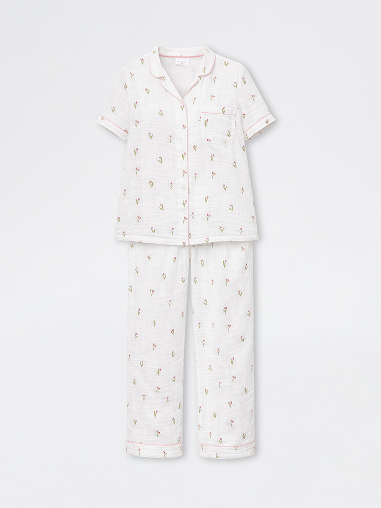 Wunderlove White Floral Printed Cotton Shirt and Pyjamas Set