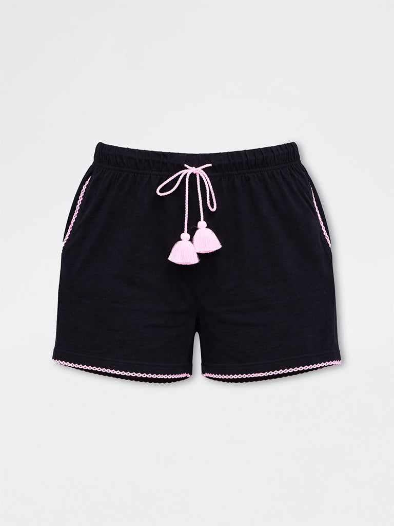 Wunderlove Black Tassel-Detail High-Rise Cotton Shorts