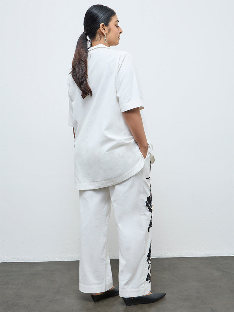 Diza Off-White Floral Embroidered Cotton-Blend Pants