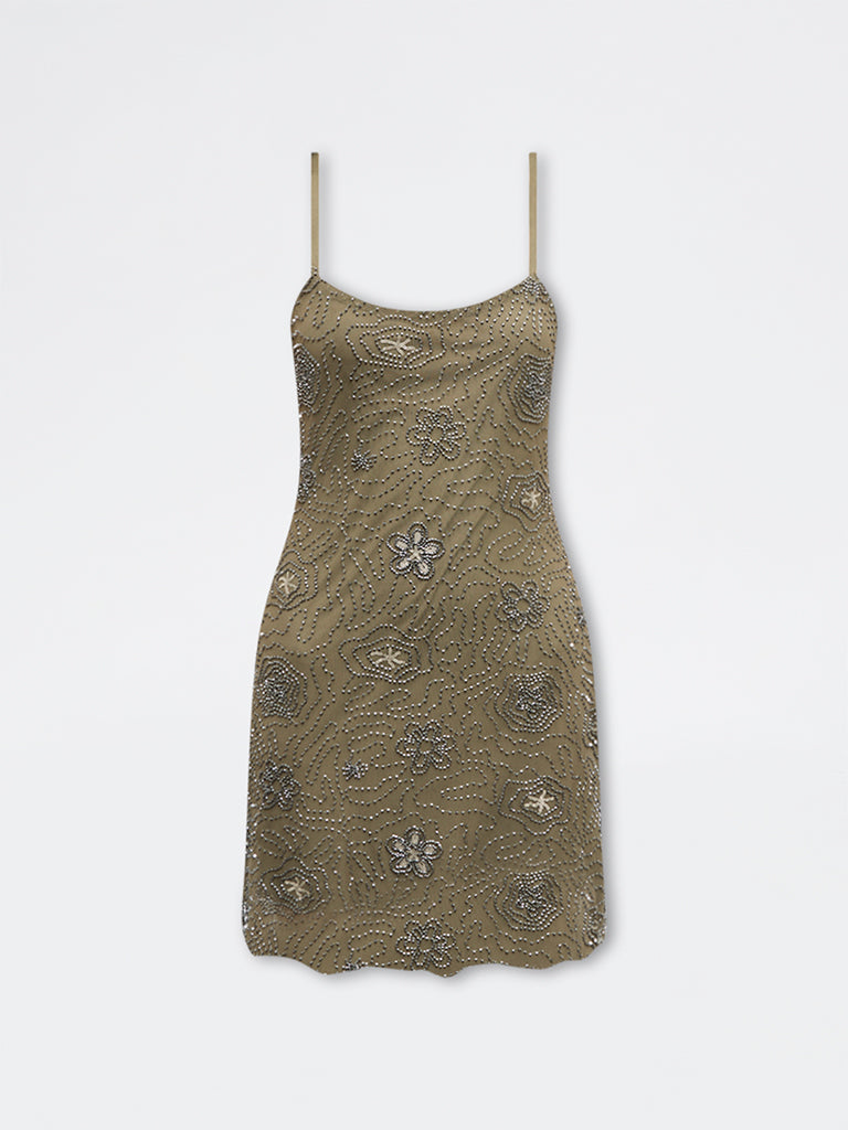 Nuon Olive Floral Embellished Straight Dress